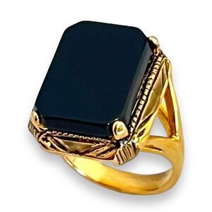 Vintage 1970s Black Onyx Ring Gold Plate Size 5 - 14B